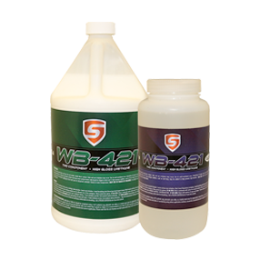 WB-421 is a glossy two-component, water-based polyurethane topcoat. WB-421 has excellent adhesion as well as abrasion resistance, and chemical resistance. WB-421 is low VOC and low odor and extremely user-friendly. WB-421 can provide wear resistant finish to your Sani-Tred or Graniflex project that will last for years.